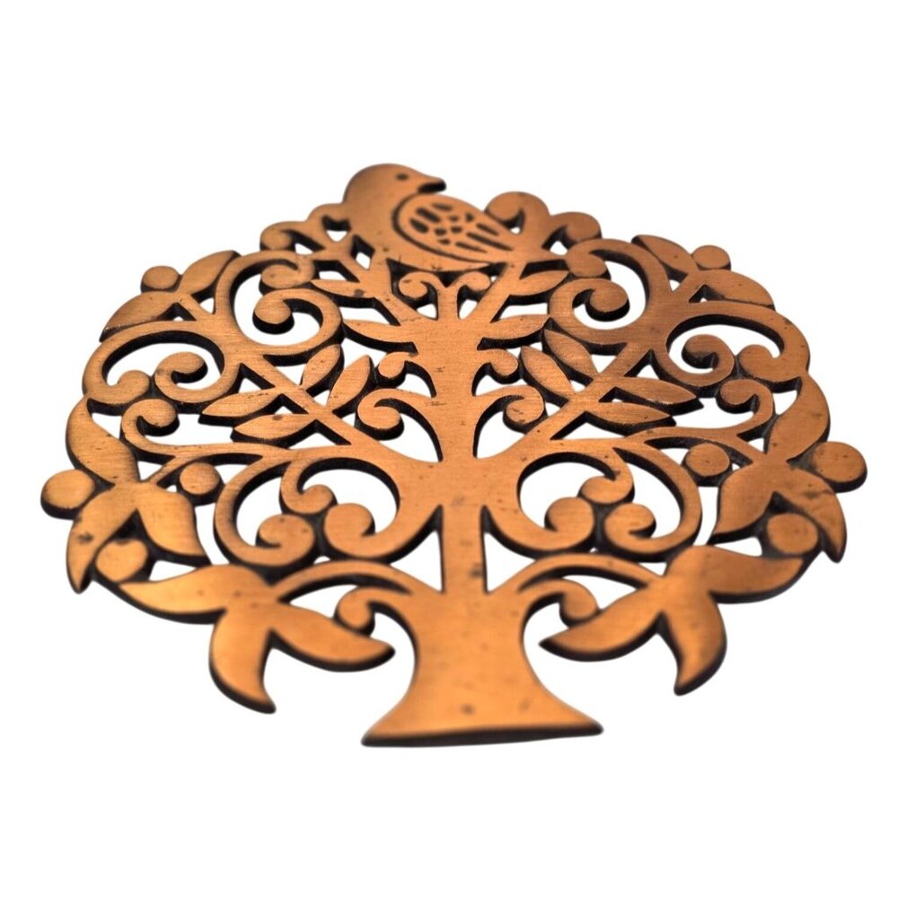 Vintage Cast Iron Copper Finish Trivet Tree of Life w/ Bird Wall Decor - Picture 2 of 6